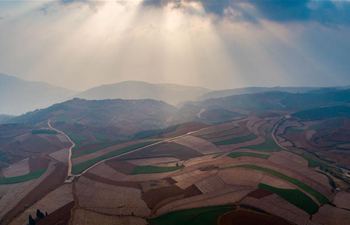 Aerial view of Dongchuan Red Land in SW China's Yunnan